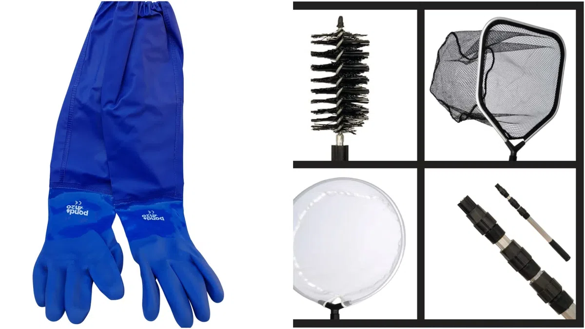 Kit per la pulizia dello stagno, set di rete 4 in 1 include spazzola per lo sfregamento delle alghe a corda, rete per la raccolta dei pesci e rete per pesci, con asta telescopica da 1,5 m e guanti da