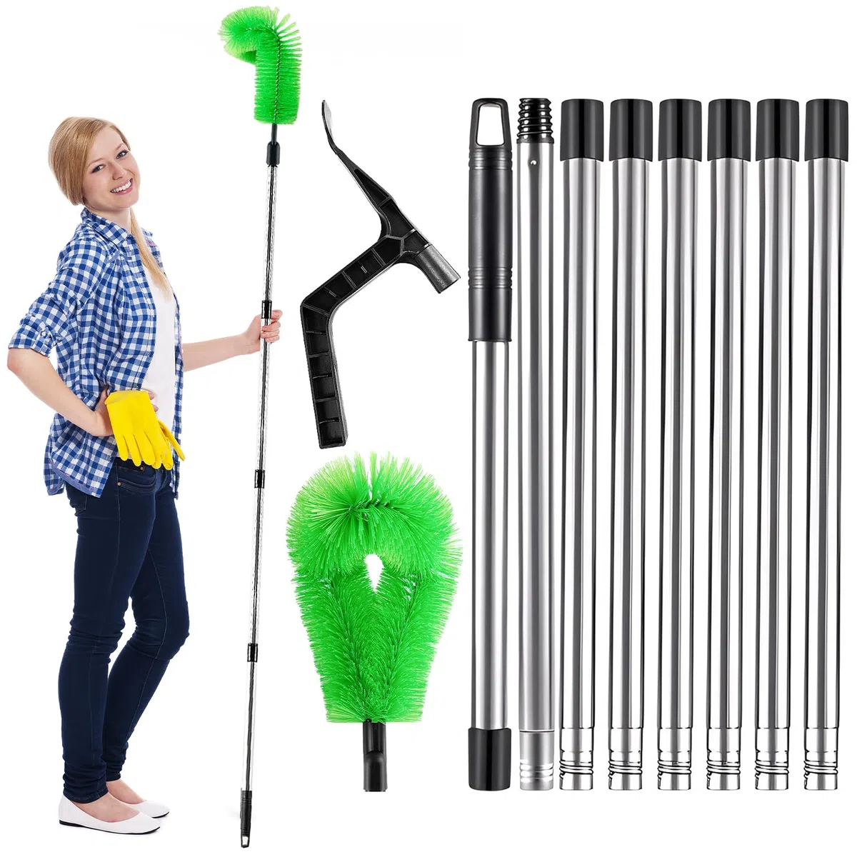 Pulitore per grondaie 2 in 1, 320 cm, telescopio per grondaie con 8 manico telescopico in acciaio inox + spazzola + pala, strumento per la pulizia di foglie, neve, sporco, finestre (verde)